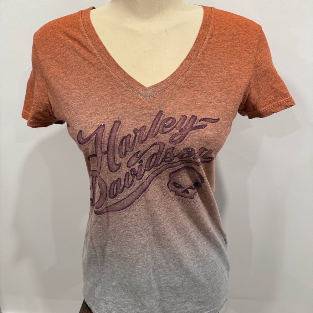Harley-Davidson Women's V-Neck Tee - Orange and Gray